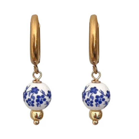 18K Gold Plated Porcelain Earrings – Blue & White Floral Drop Hoops - Picture 1 of 2